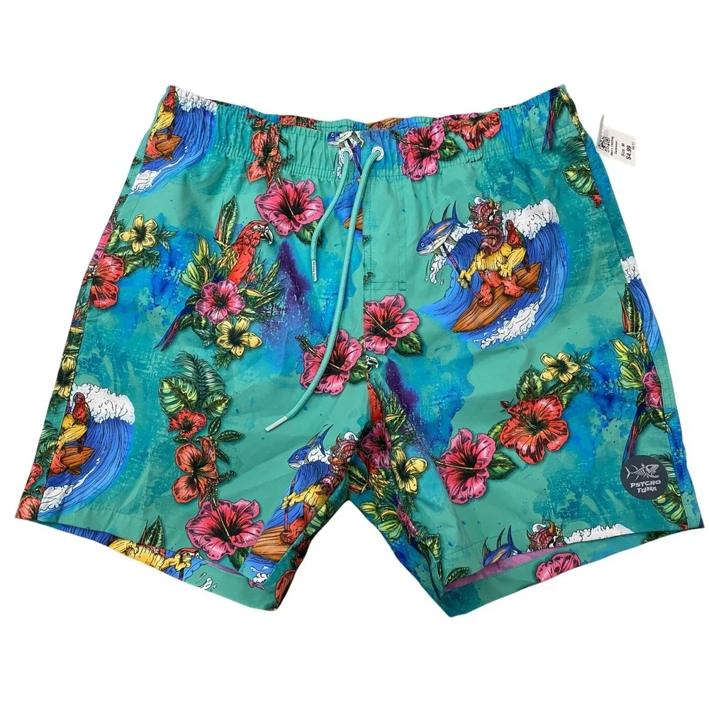 Psycho Tuna Mens Teal Tropical Surfing Skeleton Floral Swim Trunks Shorts Size M